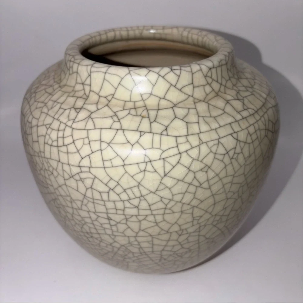 VTG German Crackle Glaze Ceramic Vase Ivory Cream Art Pottery Mid Century Decor